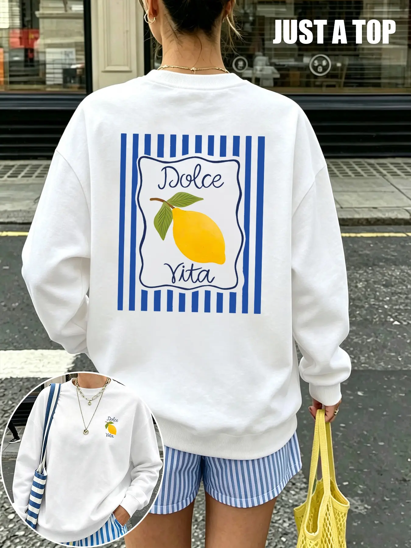 Women's Casual Loose Round Neck Pullover, Striped Lemon Pattern Print, Fashionable Women's Clothing, Ideal for Daily and Commute Wear