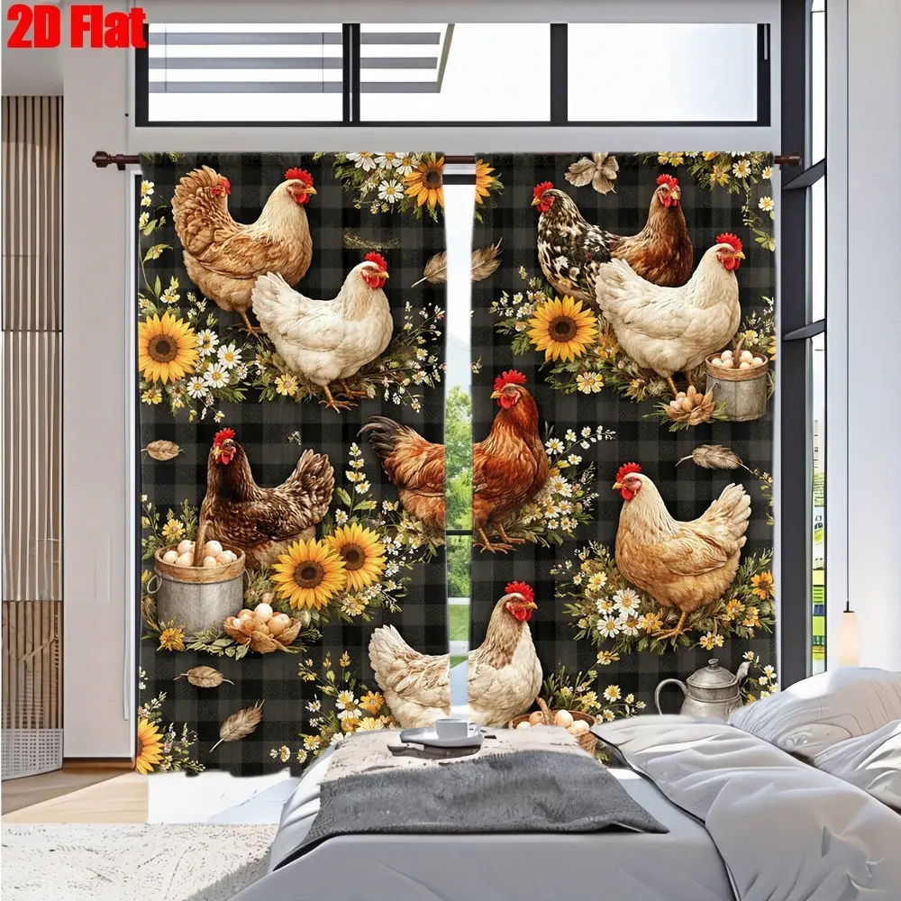 2D Flat 2Pcs Chicken Pattern Black Buffalo Plaid Kitchen Curtains Sunflower Farmhouse Style for Home Living Room Bedroom Cabinet Decoration