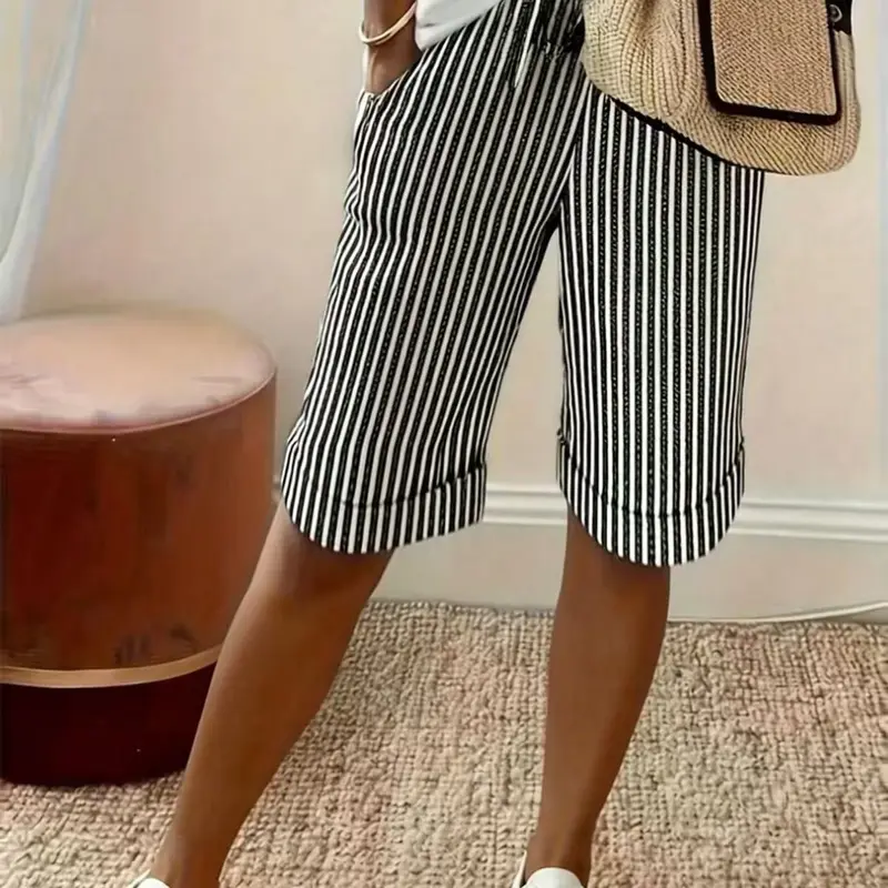 Summer New Striped Rolled Hem Capri Pants, Elastic Waist Slimming Casual Wide-Leg Mid-Length Pants, Comfortable and Stylish, Flex Waist Shorts