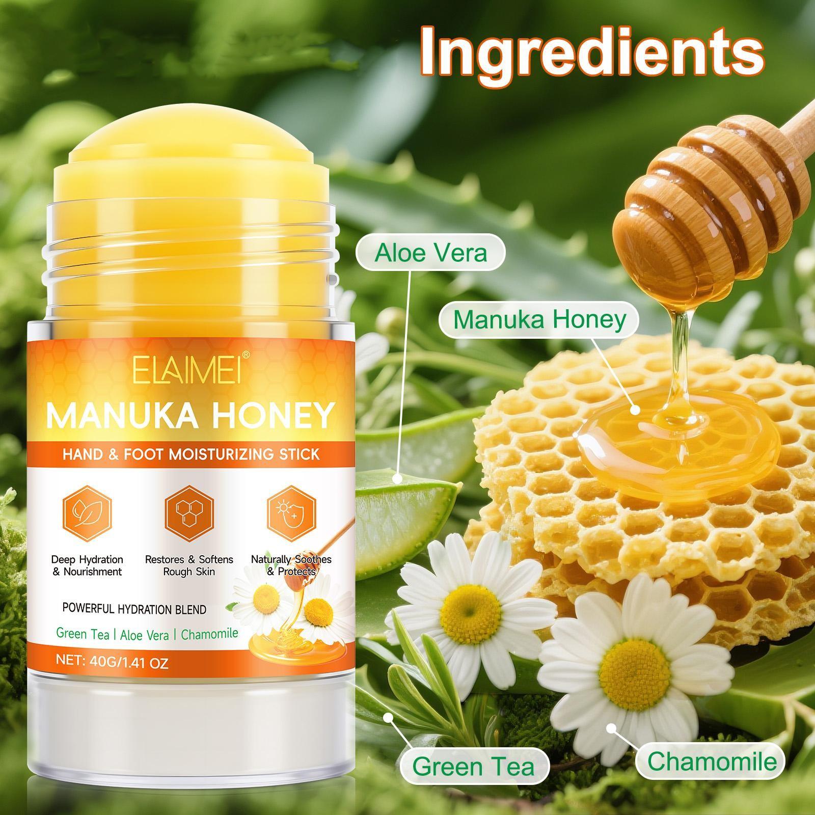 ELAIMEI Manuka Honey Skin Care Stick is designed for dry, cracked skin, providing intense hydration and soothing dryness. It is ideal for dry, flaky areas such as elbows, hands, and feet, delivering visible, rapid moisturization.