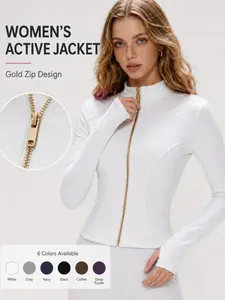Golden Zip Women's Sport Jacket, Gold Zipper Slim Fit Long Sleeve Yoga Running Coat with Thumb Holes, Soft Skin-Friendly Cropped Athletic Top for Gym Casual