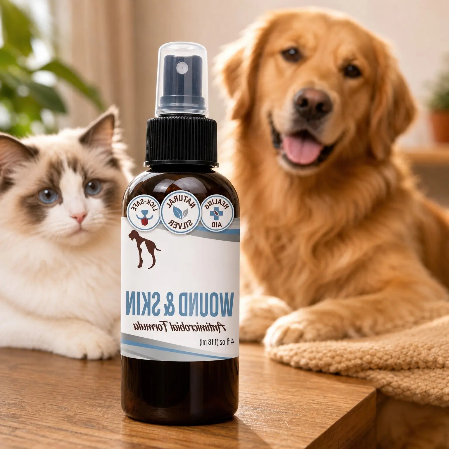Antibacterial Wound Spray for Dogs & Cats, Healing Aid for Hot Spots, Cleans Wounds, Soothes & Repairs Skin, 4 fl oz, USA Made, Chelated Silver, Lick-SafeGift