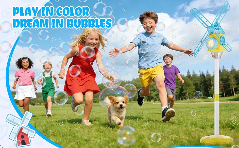 Automatic Windmill Bubble Machine, Adjustable Height, Colorful Lights, Music, Indoor Outdoor Use, Gift for Kids