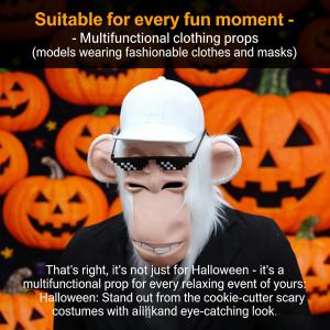 Novel monkey mask, fun white fur gorilla latex mask + adjustable pixel sunglasses, suitable for Halloween role-playing, parties, and social occasions