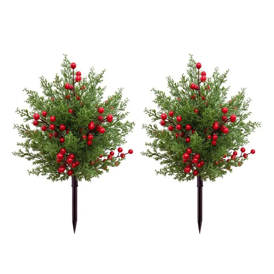 2-Pack Artificial Christmas Fake Tree with Stakes, Simulated Pine Branches & Berries, Outdoor Waterproof Xmas Greenery Bushes, Festive Home Decoration