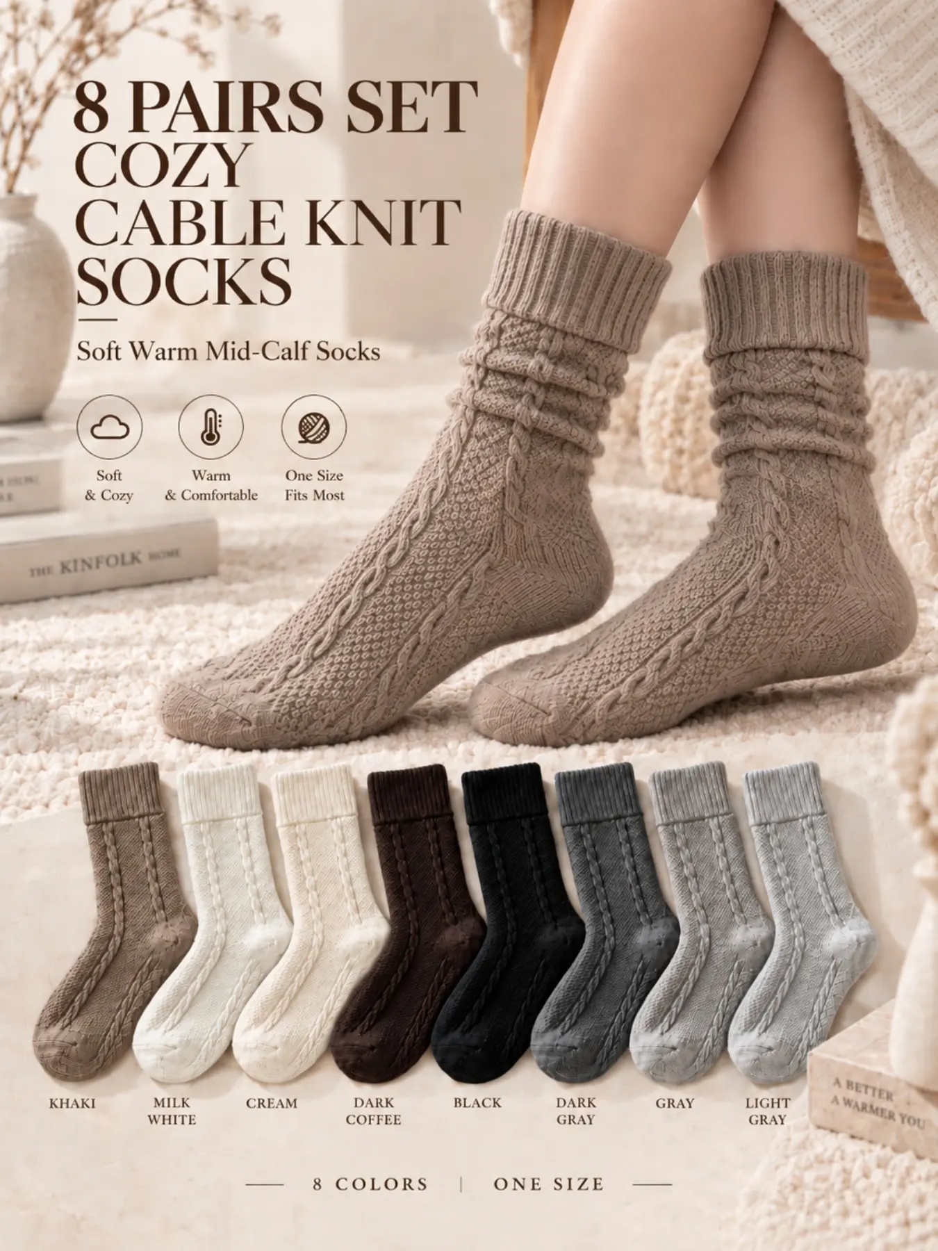 5 Pairs Vintage Cable Knit Mid-Calf Socks, Soft Warm Fall Winter Socks, Earth Tone Versatile Birkenstock Socks, One Size Fits All