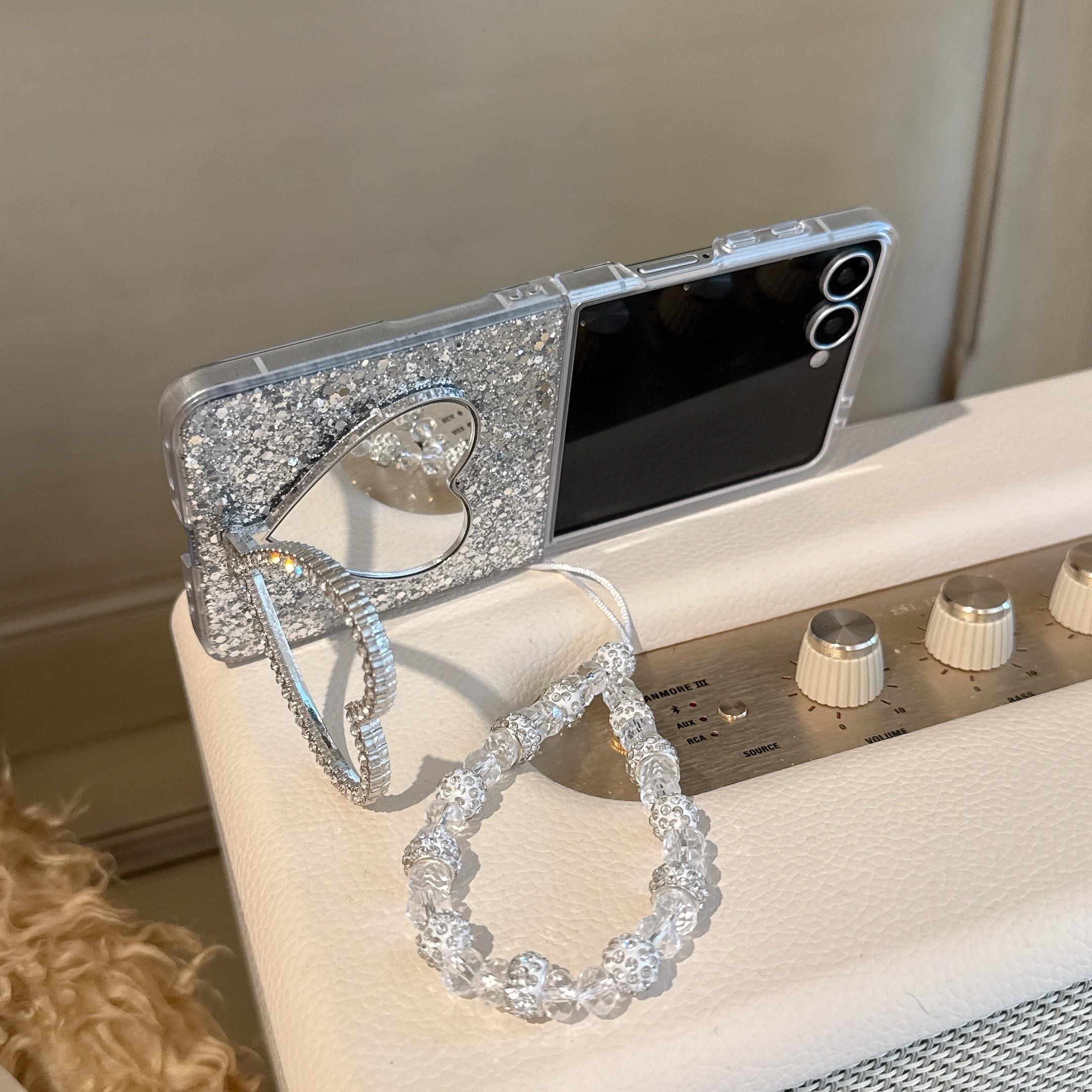 Glitter Heart Stand Foldable Phone Case With Chain For Samsung Galaxy Z Flip3/Z Flip4/Z Flip5/Z Flip6/Z Flip7, Shockproof Cover