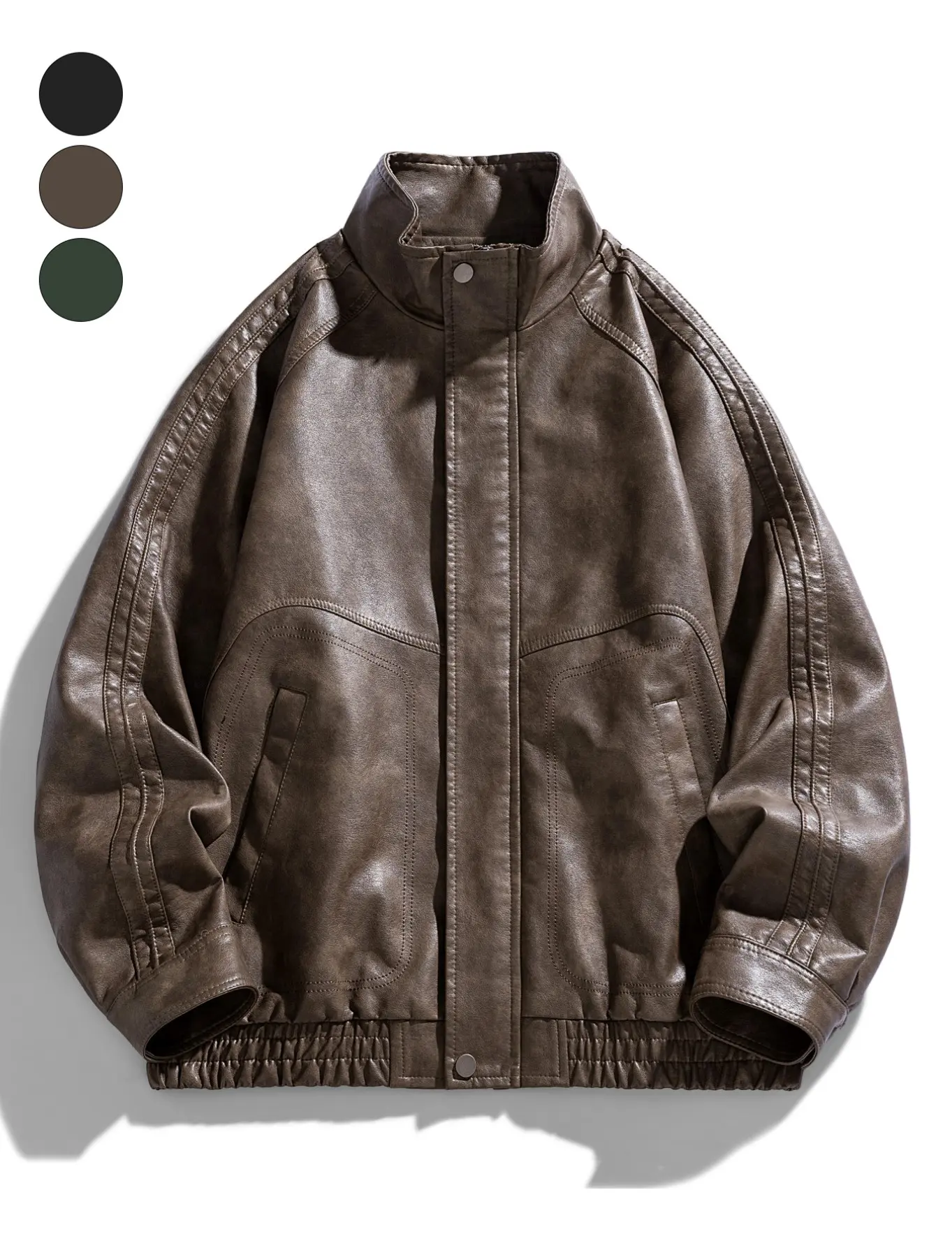 Men's Loose Fit Leather Jacket with Stand Collar, Collared Jacket, Motorcycle Style, Casual Outerwears, Street Fashion Outerwear, Streetwear Essential Outerwear Coats for Spring & Fall Seasons