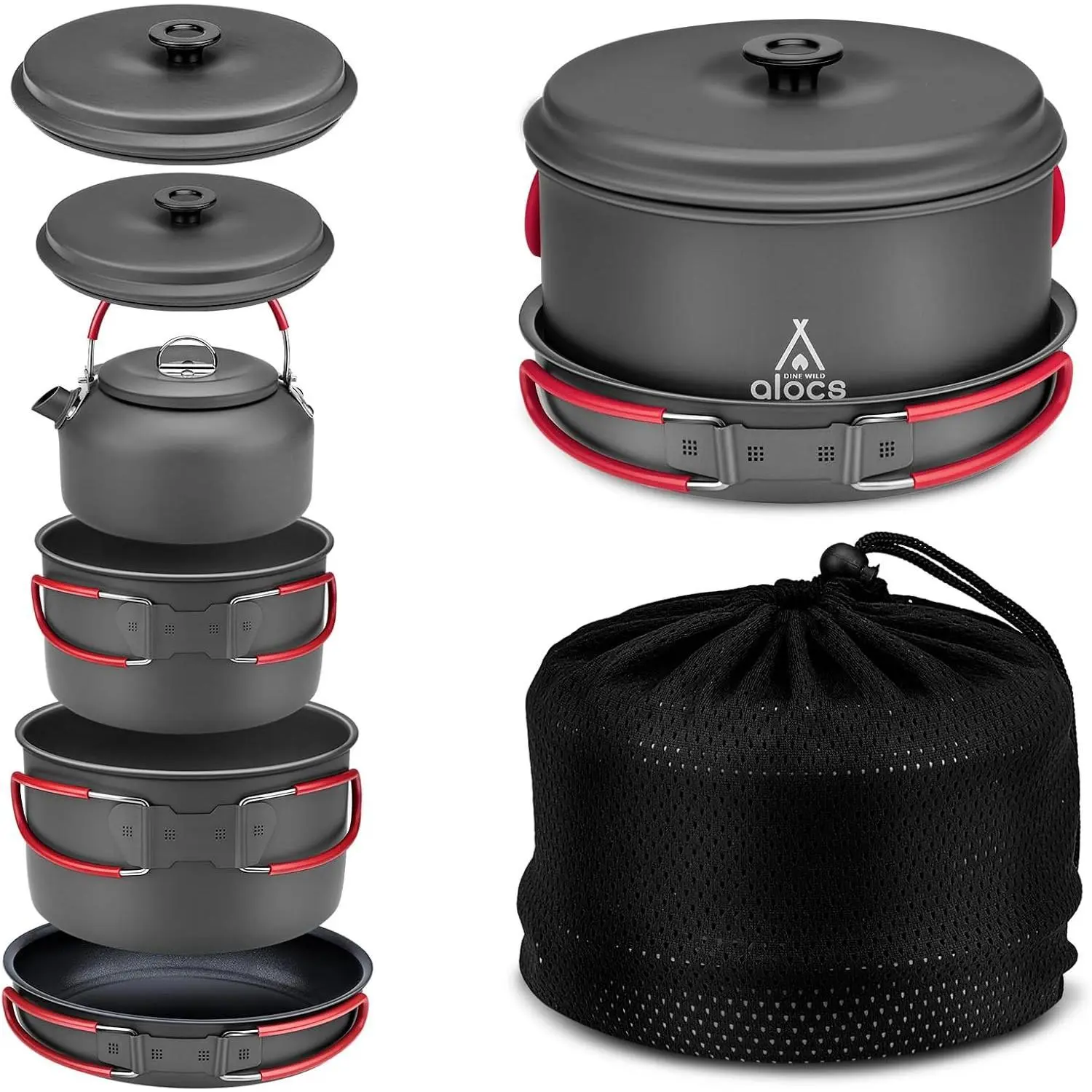 Alocs Camping Cookware Set Camping Gear, Compact Camping Pots and Pans Set, Durable Hard Alumina Camping Cooking Set for Outdoor Backpacking Camping Hiking Picnic, Included Mesh Carry Bag