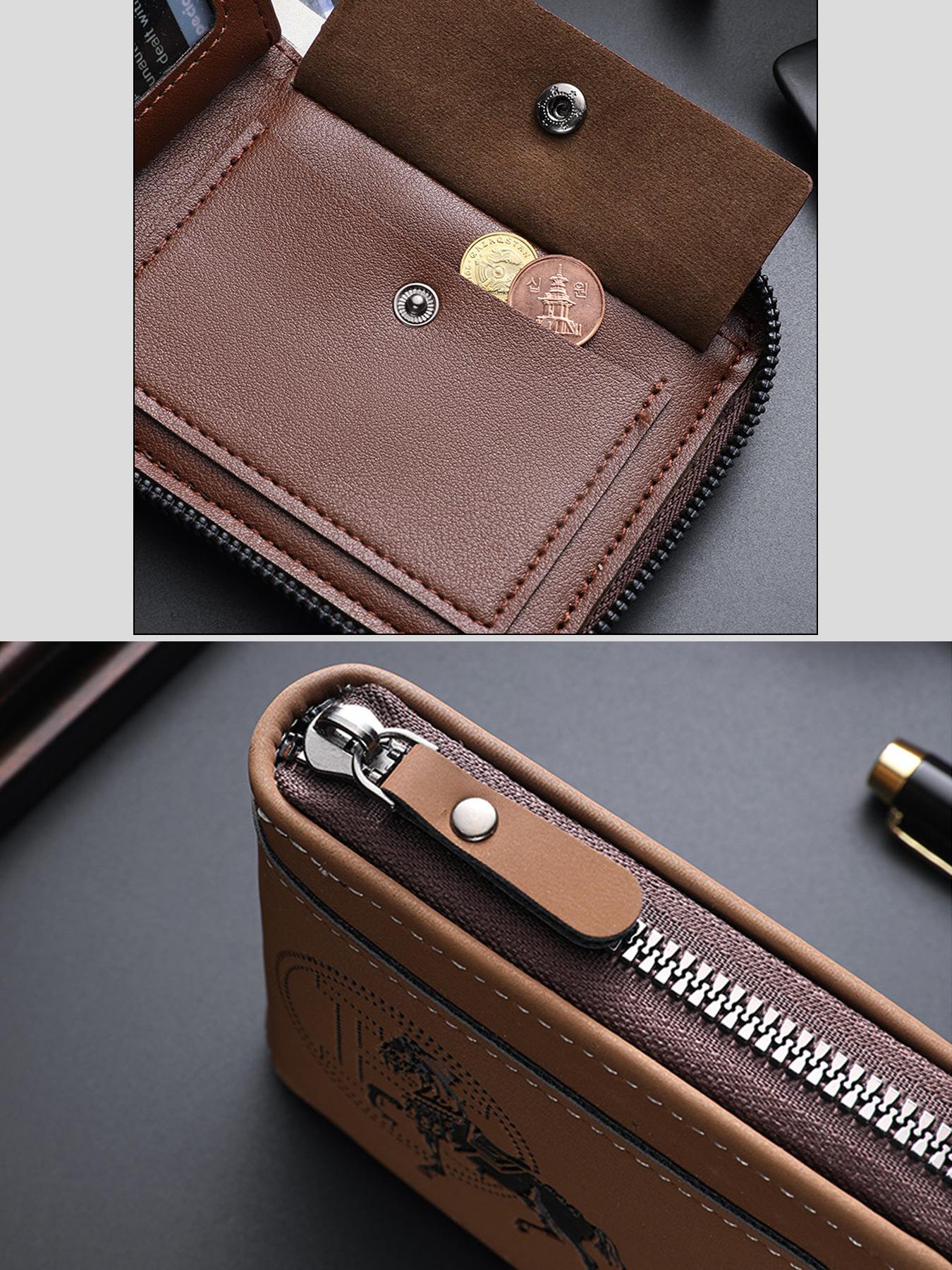 Men's PU Zipper Wallet, Business Fashion Wallet, Durable Fashion Wallet, Rfid Secure, Rfid Blocking Bifold Wallet, Large Capacity, Double Fold Design, Multi-Card Slots, Coin Purse & Credit Card Holder