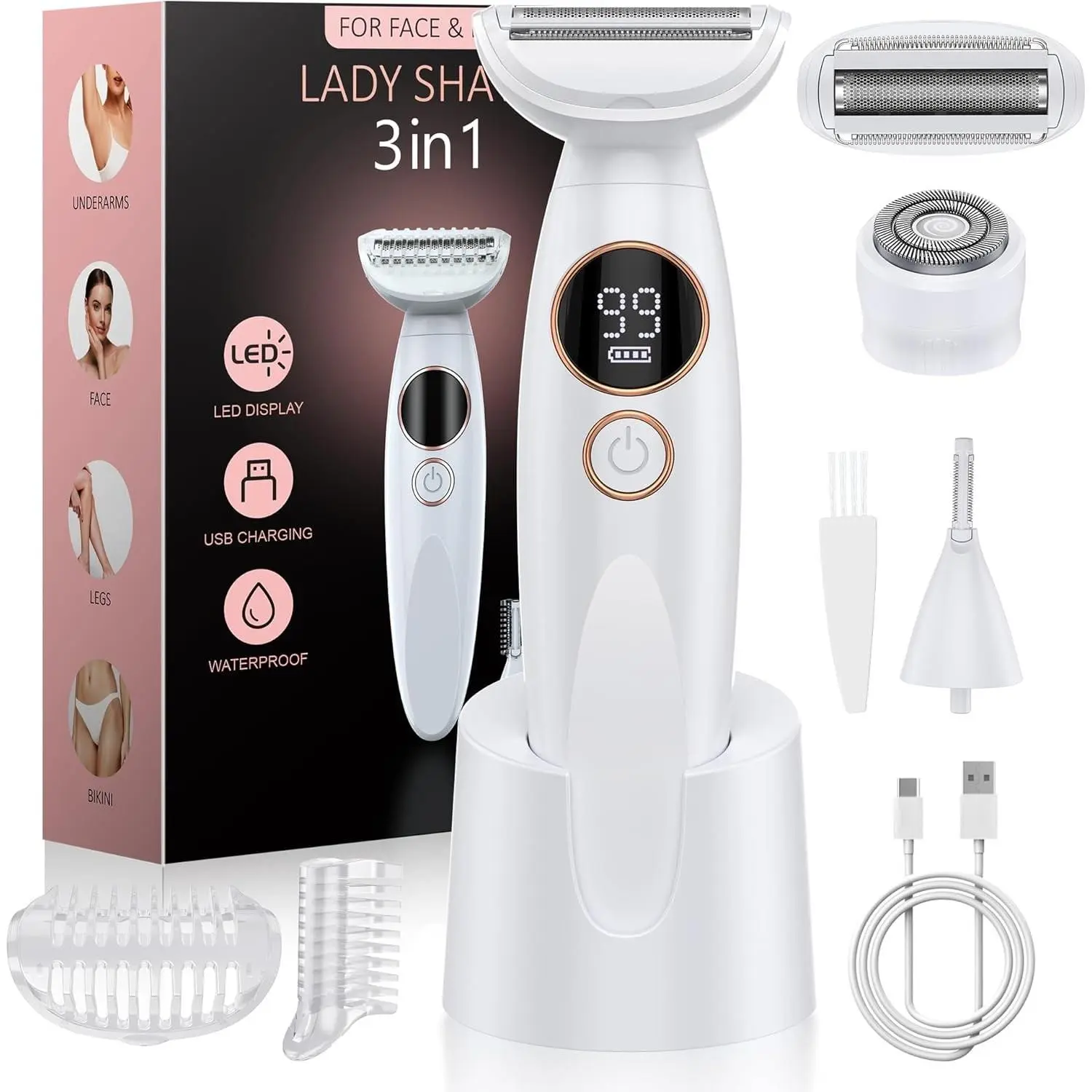 3 in 1 Bikini Trimmer for Women with Display, Painless Electric Razor, USB Charging, IPX7 Waterproof, Face Shaver for Women, WhiteGift