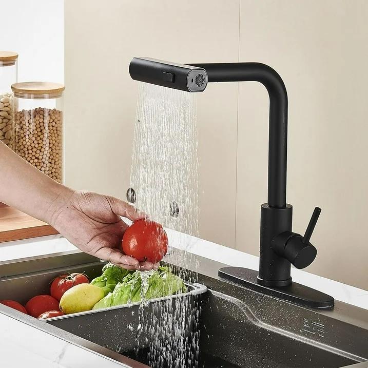 Kitchen Faucets with Pull Down Sprayer Matte Black, 3 Mode Kitchen Sink Faucet with Deck Plate for Farmhouse RV Vessel Basin