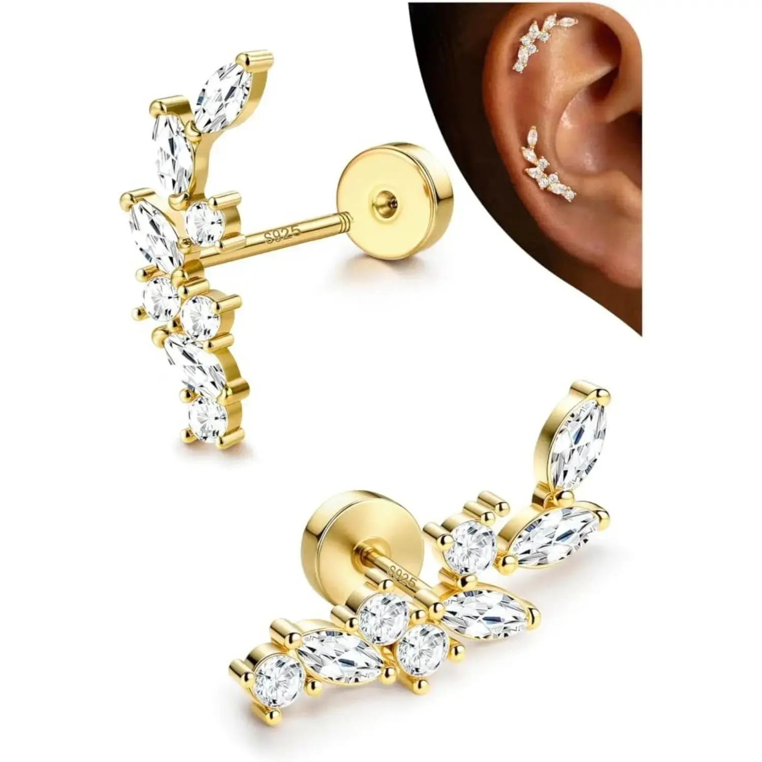 1Pairs Cartilage Earrings for Women Flat Back 925 Sterling Silver Post Stud Flatback Earrings for Sensitive Ears-20G Ear Crawler Climber Cartilage Earring Tragus Conch Helix Piercing Jewelry, Ear Studs, Earring Stack Summervibes