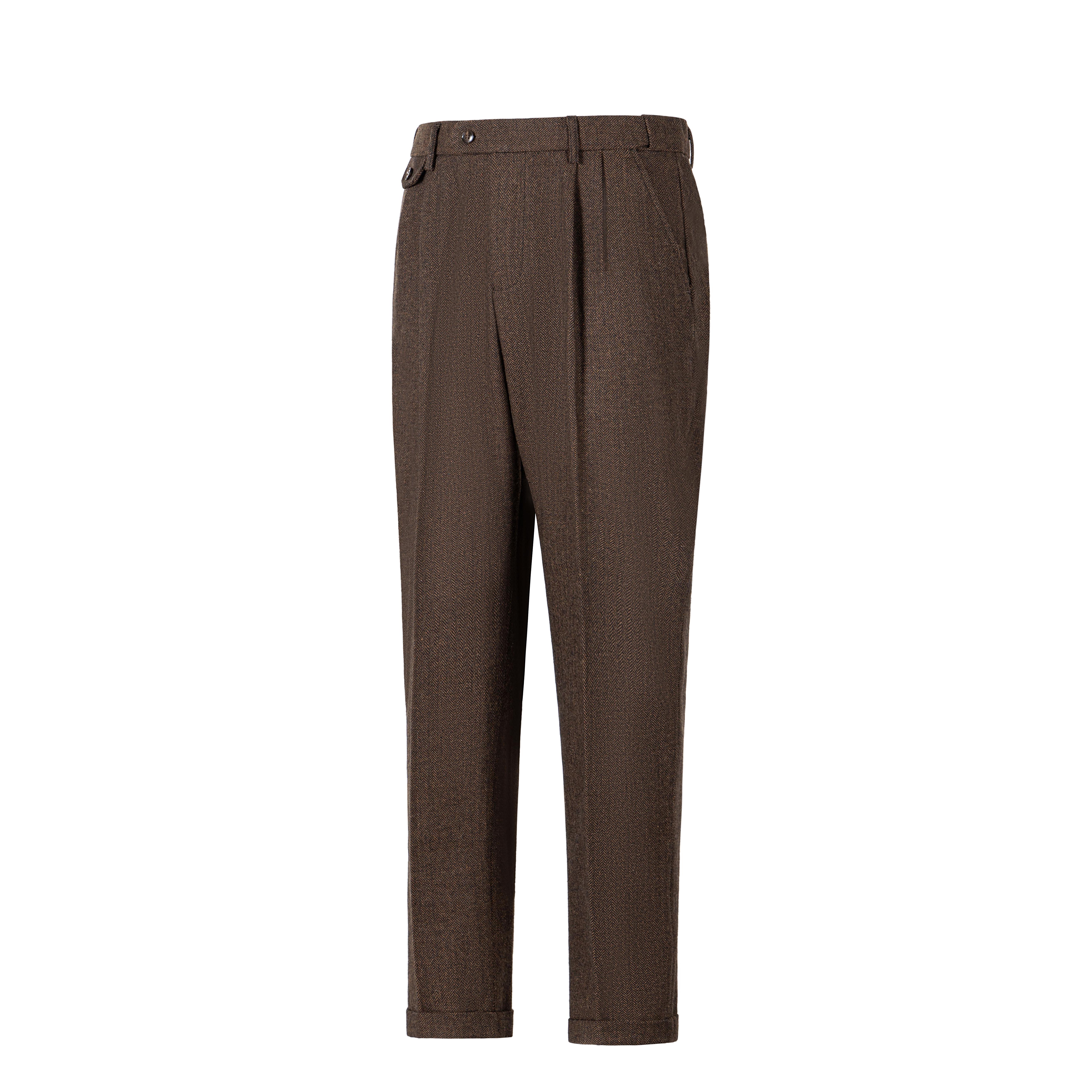 Men's Retro Herringbone Tweed Double Pleat Straight-Leg Turn-Up Cuff Trousers, Menswear Formal-Casual Gentleman Pants with Blazer Dress Fabric, Men's Clothing Vintage Clothing Boosted by Vintage Tweed Style Elevates Basics & Regular Fit Ease