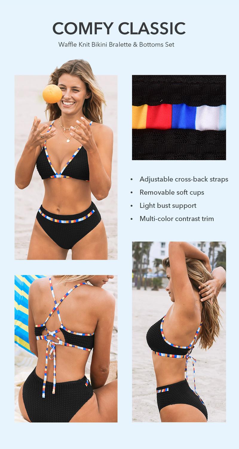 CUPSHE Waffle Knit Bralette & Bottoms Set Summer Bikini AdjustabIe Cross Back Straps Multi Color Contrast Trim Swimwear Swimsuit Season Bathing Suits