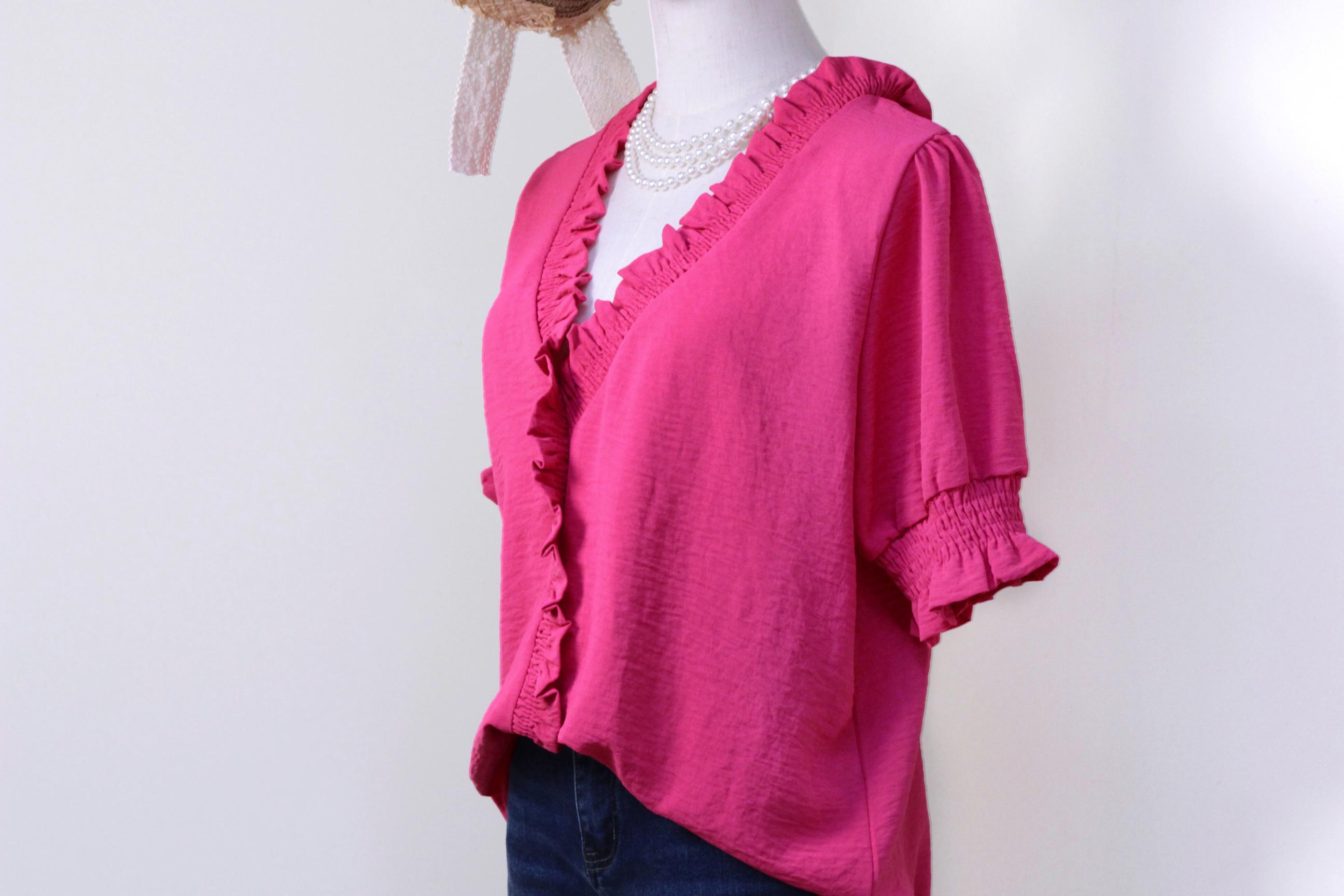 SageVell Ruffle Trim V - Neck Bright Pink/ Blue/ Green Blouse, Smocked Cuffs & Front, Soft Textured Fabric, Chic Casual Style, Cute Basic Tops for Women Cotton Shirts Office Outfits Women Womenswear Shortsleeve Medium Fitted