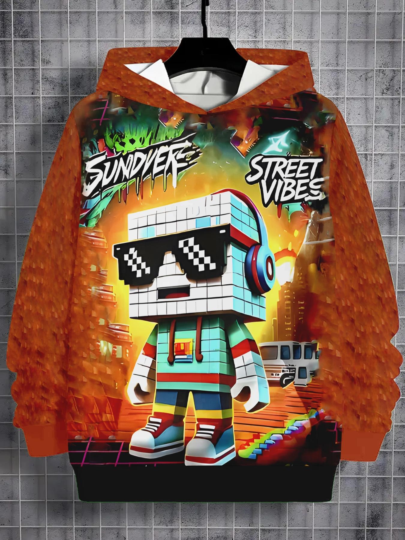 Cartoon Robot Print Hoodie for Boys, Fun Style, Anime Theme Scene ...
