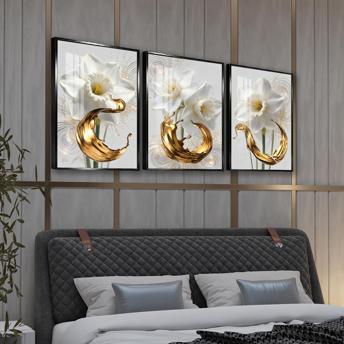 3 Counts Aluminum Alloy Framed Painting, White Daffodil Flowers With Golden Liquid Art Pictures, Home Decoration For Living Room, Bedroom, Office, Restaurant, Hallway Wall Decor, Odorless Print Artwork, Luxury Perfect Gift For Friends And Family