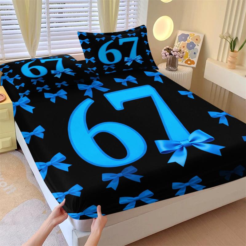 Creative pattern printed bedsheet with number 67 and bow tie, soft and comfortable 3D digital printed bedding, Bed Sheets Set, anti slip dust cover suitable for bedroom decoration, including 1 bedsheet and 2 pillowcases