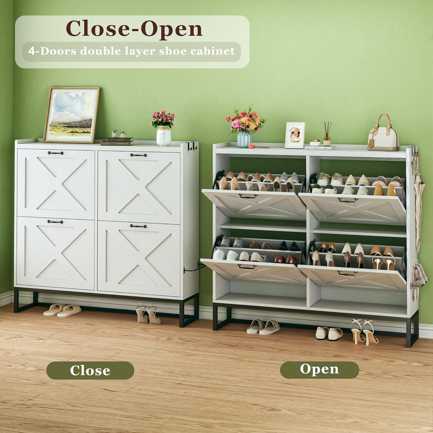 Shoe Cabinet with 4 Flip Drawers, Storage Cabinet with Mounted Rack & Adjustable Shelves, Narrow Shoe Cabinet with Metal Legs, White, for Entryway, Hallway Visit the HUAHUU Store