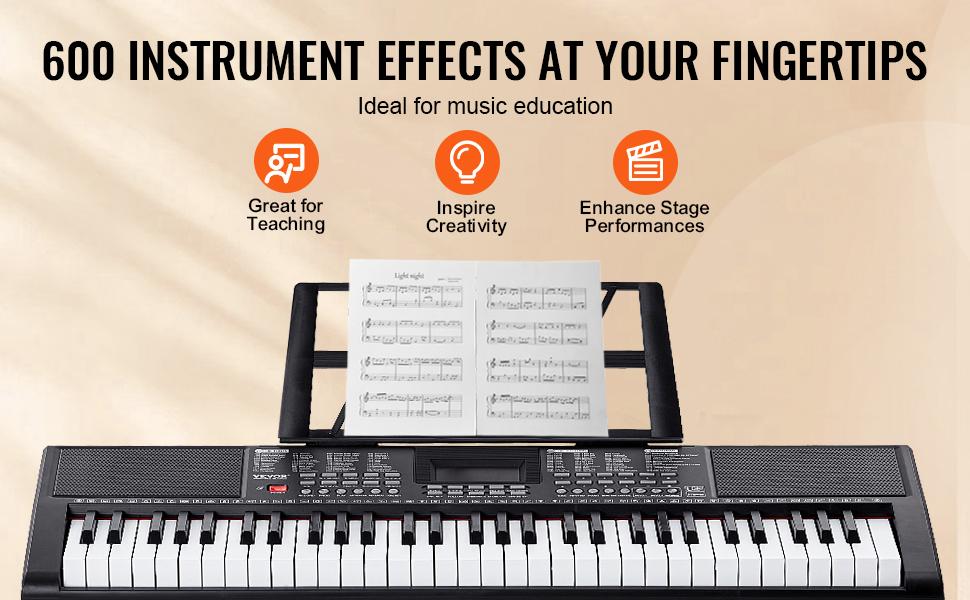 VEVOR 61-Key Digital Keyboard Piano for Beginners, Lighted Keys Portable Electric Piano with Adjustable Stand, 600 Tones, 500 Rhythms, Built-In Speakers, Sustain Pedal, Headphones, USB MIDI for Music Practice, Aa Batteries