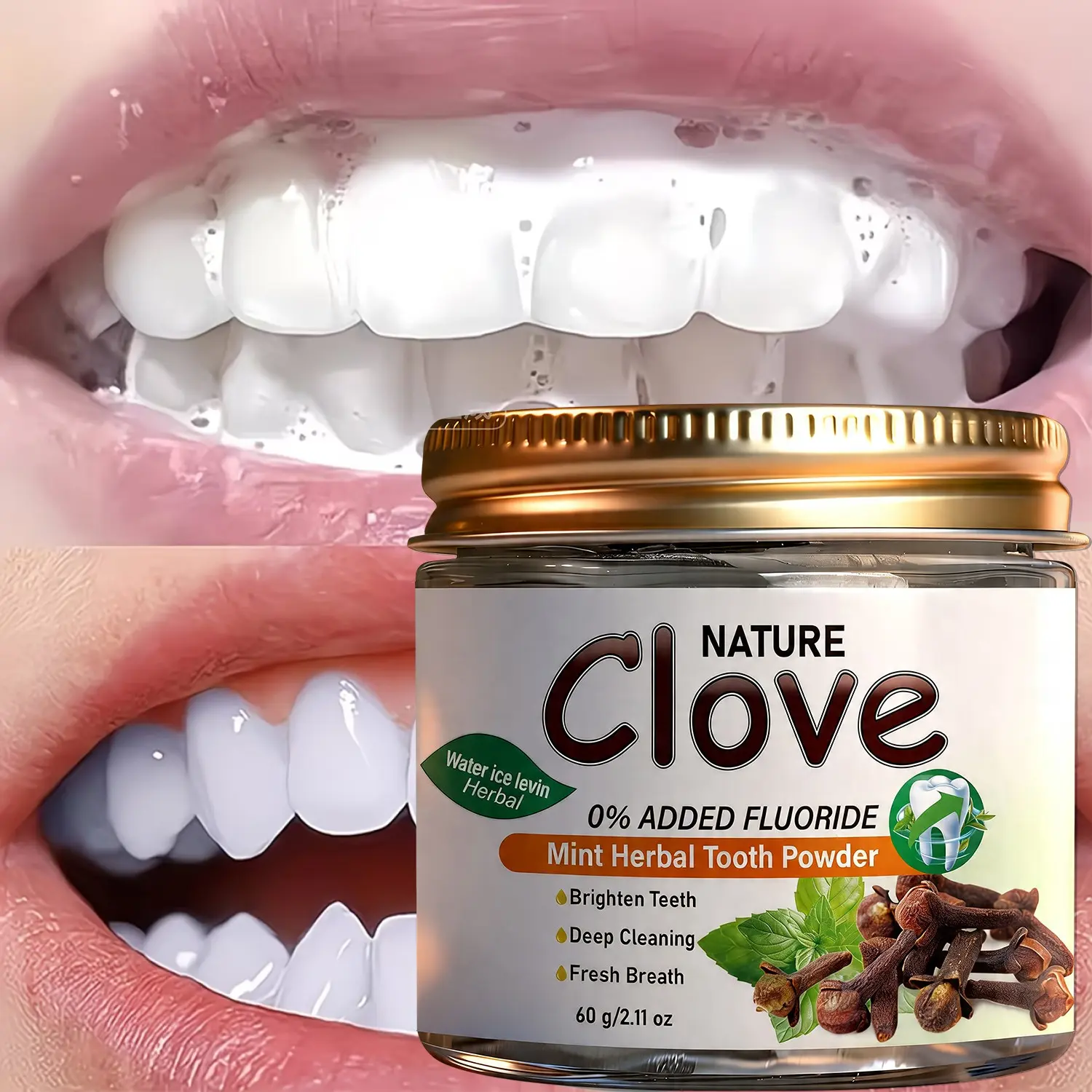 Water Ice Levin Herbal Mint Activated Charcoal Tooth Powder 60g, Deep Cleaning Stain Removal, Bright Teeth Fresh Breath, No Fluoride, Gentle Care