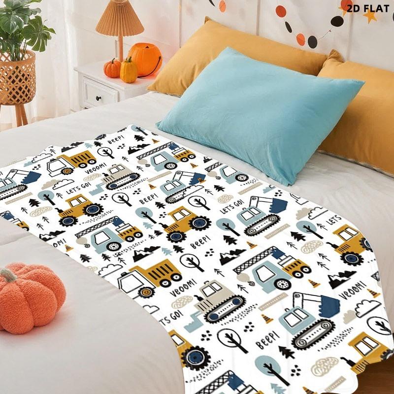 Kids' Space Style Construction Vehicles Printed Throw Blanket, Single - sided Printed, Multiple Specifications Available, Vibrant Design with "LET'S GO!", "BEEP!", "VBOOM!" Phrases, Ideal for Leisure & Napping Scenes