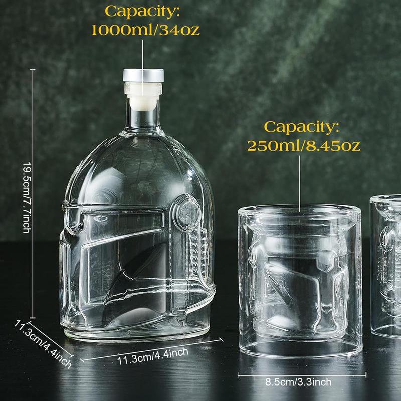 Helmet Whiskey Decanter Set, 34oz Lead-Free Glass Liquor Bottle With 2 Glasses & 4 Whiskey Stones, Unique Bourbon Decanter Gift For Dad, Men, Home Bar, Perfect For Spirits, Birthday Halloween Christmas Gifts