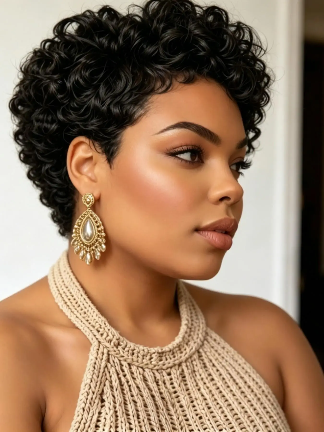 Short Pixie Human Hair Wigs for Women, Full Machine Made Pixie Cut Wig, Curly Wavy Hair with Bangs, Natural Look