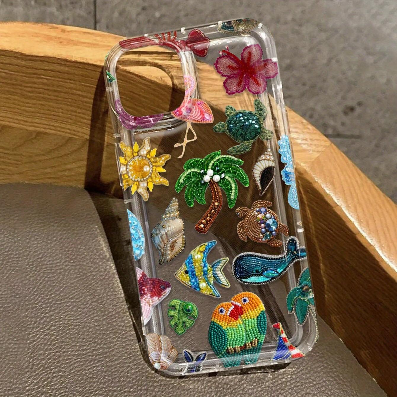 Summer Ocean Style Handmade Beaded Phone Case for iPhone 13-14 Series, Transparent Tpu Anti-Drop Protector, Tropical Bird Whale Parrot Design
