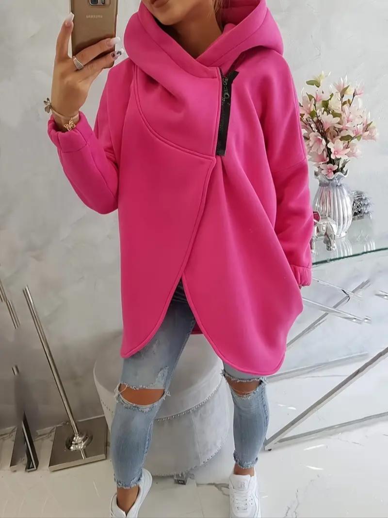 Women's Plus Size Hooded Sweatshirt, Full Zip Fashion Design, Asymmetrical Hem, Breathable Thick Fleece, Loose Fit Long Sleeve Pullover