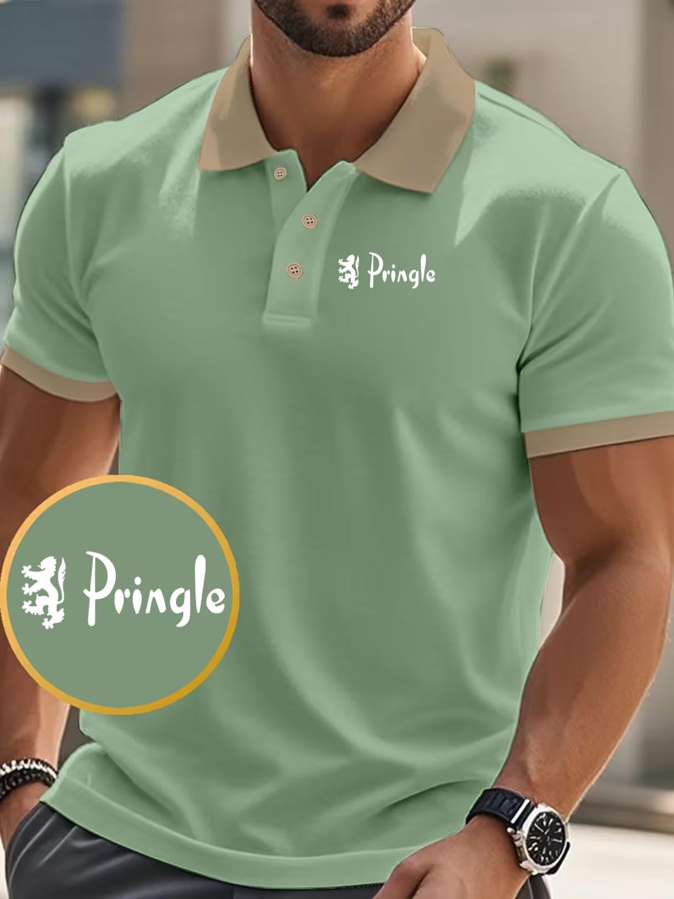 Men's Pringle Scottish Lion Emblem Polo Shirt, Breathable Cotton Slim Fit, Casual Business Style, Ideal for Golf, Commute, Office