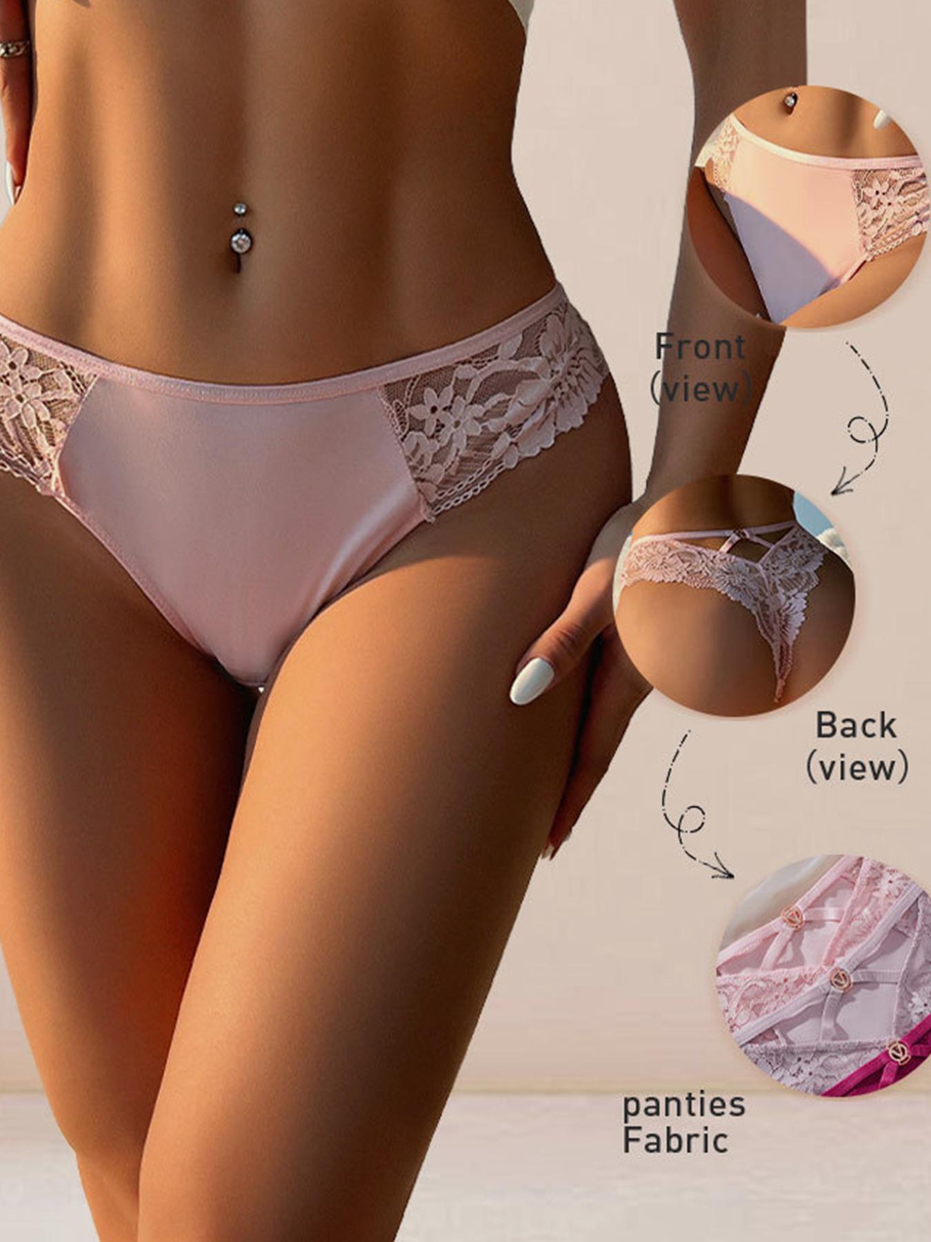 Women's Sexy Contrast Lace Thongs, Breathable Soft Comfort Underwear, Fitted Plain Design, All Seasons Wear, Pack of 6, Fashion Panties, Trim Lace Panty
