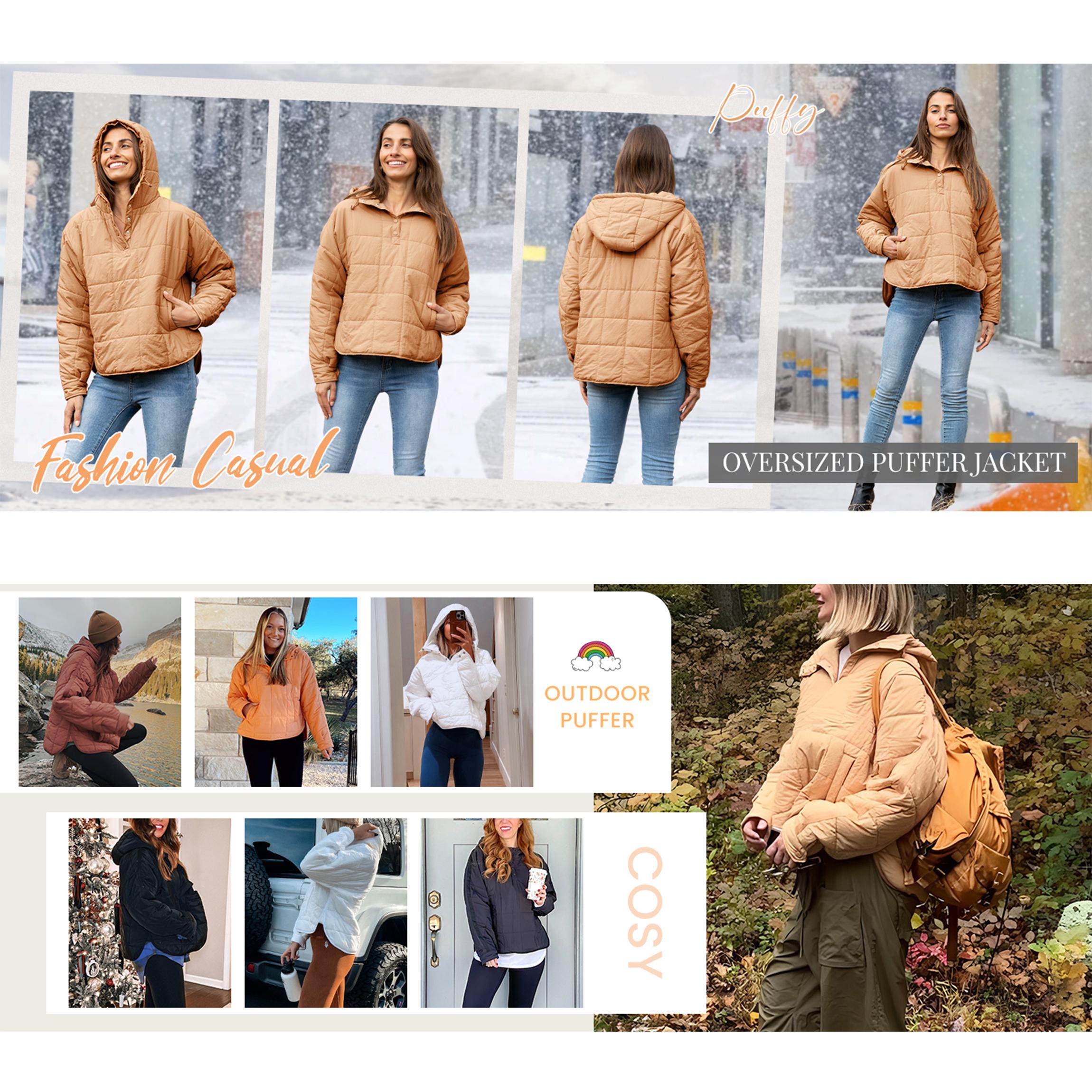 Buenoble Womens Oversized Puffer Jacket Quilted Dolman Hoodies Pullover Long Sleeve Lightweight Warm Tops Coat Fitted Basic Minimalist Outerwear SpringStatements