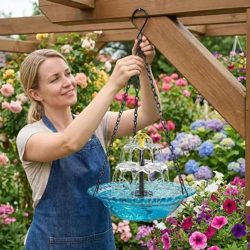 2026 Solar Cascade Hanging Bird Bath Fountain, a three-tier outdoor water feature for hummingbirds, easy to clean, Easy installation, with a 9.3-inch glass basin, equipped with a solar pump, attracting wild birds to the garden and terrace