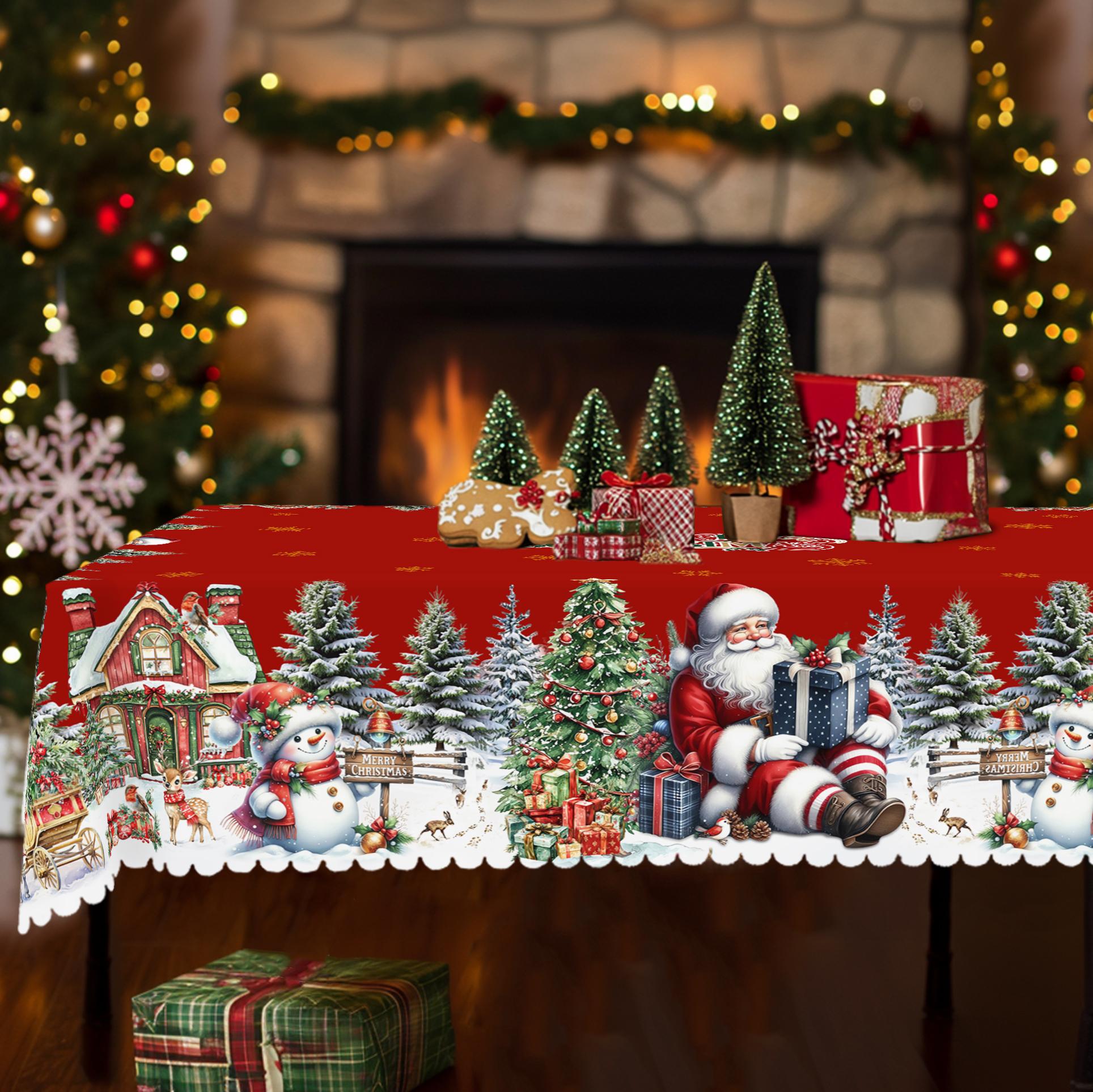 PLUMLIK Red Christmas Tablecloth with Santa Claus, Reindeer, Snowman Patterns, Christmas Decor 2025, Christmas Party Decoration for Indoor&Outdoor, Vintage Round Rectangular Table Cloth, Holiday Home kitchen Festive Decor, Christmas Gifts