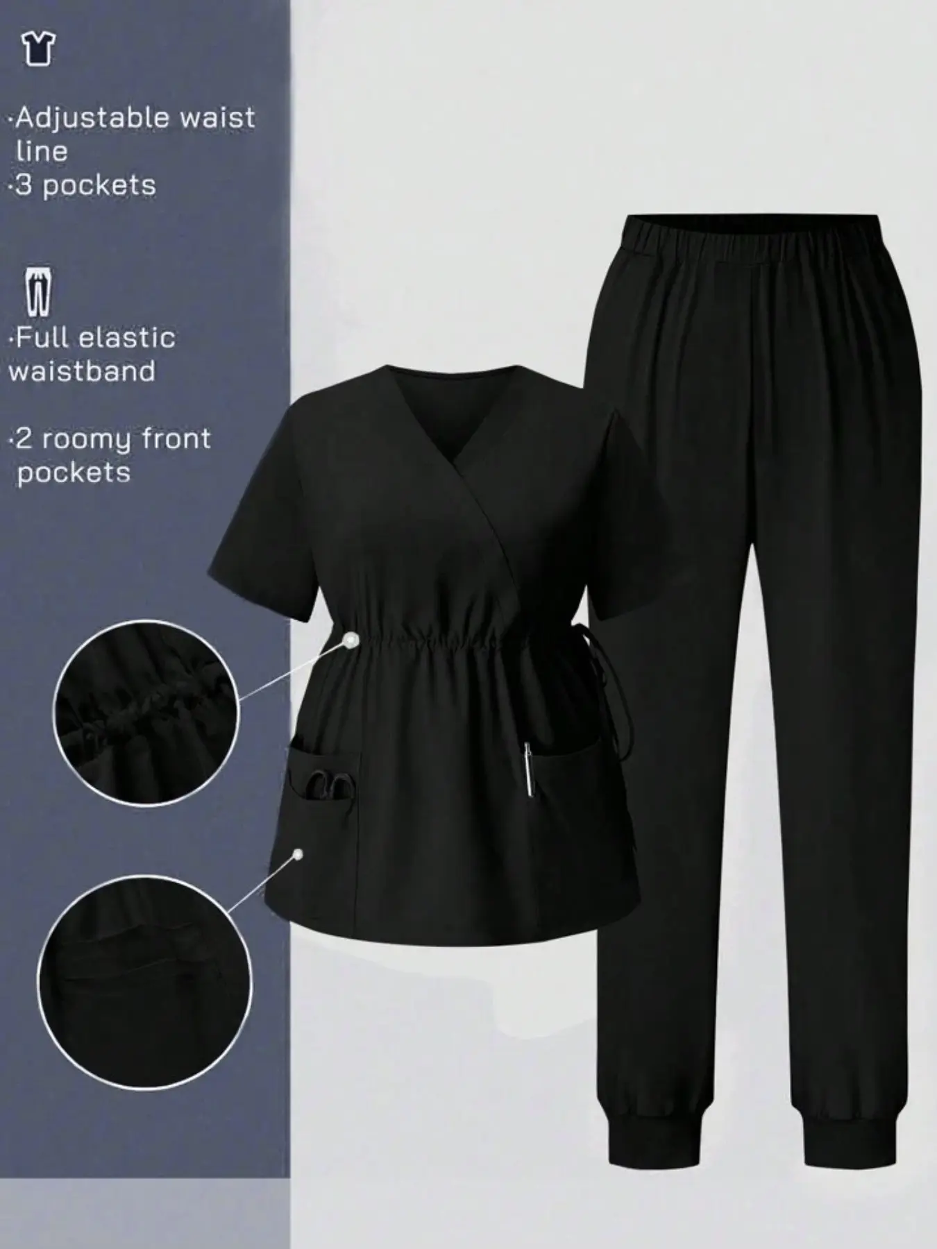 Women's V-Neck Waist-Cropped Short Sleeve Two-Piece Work Set, Lightweight Summer Uniform, Suitable for Dental, Beauty, Pet Store