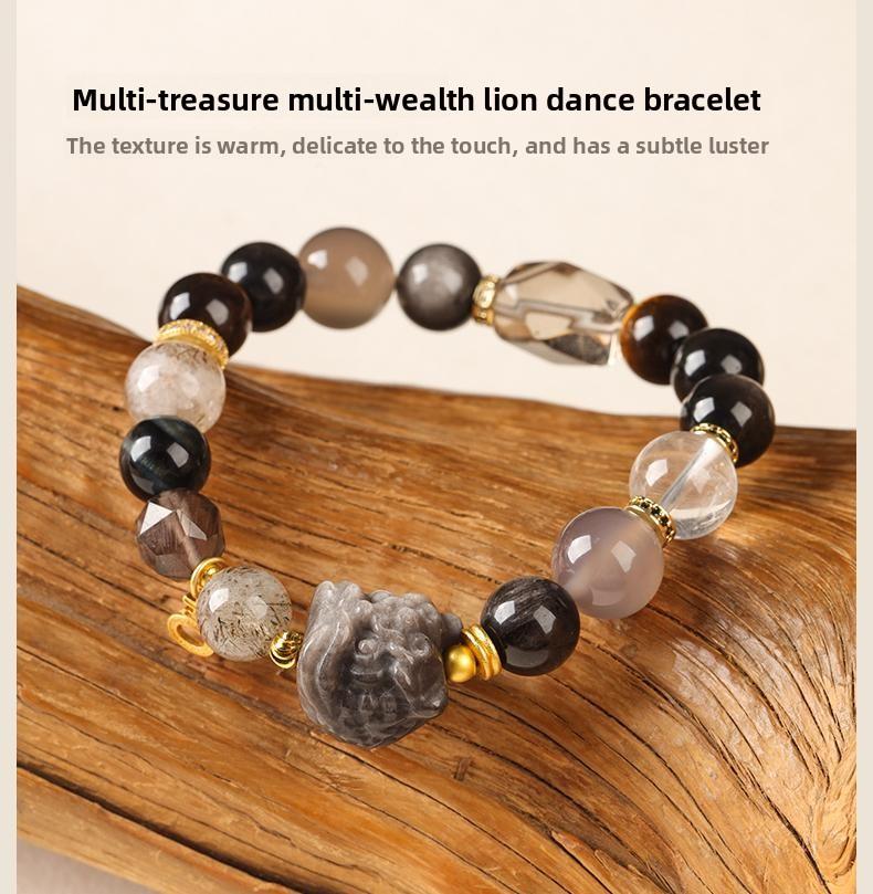 [Wealth Abundance] crystal bracelet, silver obsidian grey agate smoky quartz super seven tiger eye white crystal, unisex, daily wear gift, 10mm beads, natural stone lion ornament gold accents, wealth blessing abundance symbol