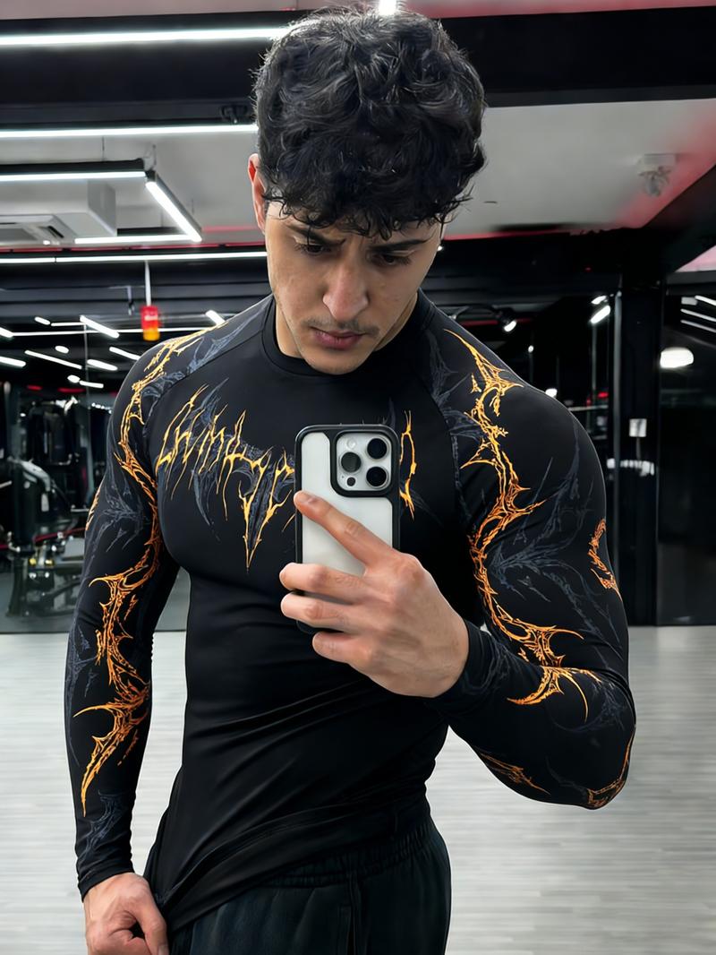 Men's Professional Sports Quick-Dry Fitness Shirt, Gothic Print Long Sleeve, High Elasticity, Round Neck, Moisture-Wicking, Running, Training, Daily Wear Men's Professional Sports Quick-Dry Fitness Shirt, Gothic Print Long Sleeve, High Elasticity, Round Neck, Moisture-Wicking, Running, Training, Daily Wear