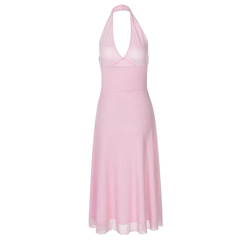 Women‘s Mesh Solid Ruched Sleeveless Halter Slip Dress, Plain Slim Fit V-neck Backless Elegant Pleated Midi Dress, Party Club Date Holiday Daily Casual Dresses For Ladies All Seasons Summer Fashion Clothes