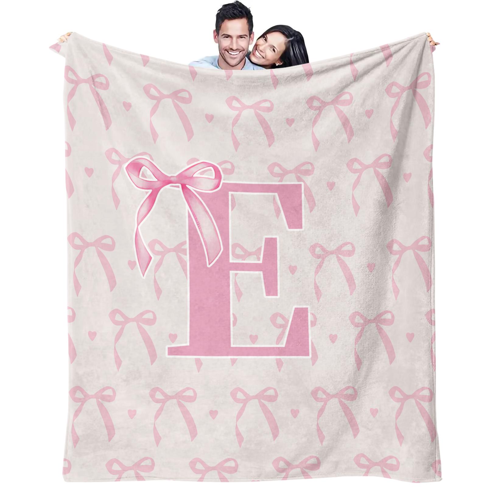 Pink Bow Custom Initial Throw Blanket, Sweet Girl Style Heart Print, Soft Warm Cozy Skin-friendly, Ideal for Bedroom Living Room Sofa Dorm Decor