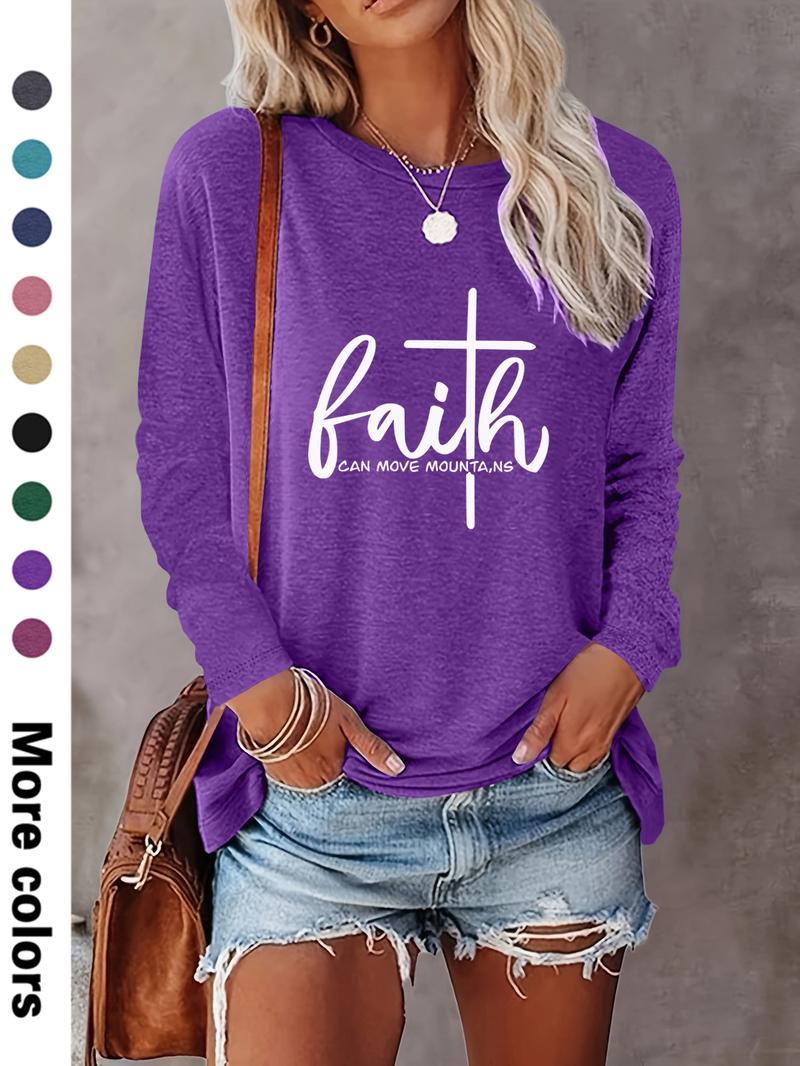 Women's Letter Print Round Neck Tee, Casual Long Sleeve T-shirt, Women's Spring & Fall Top for Daily Wear