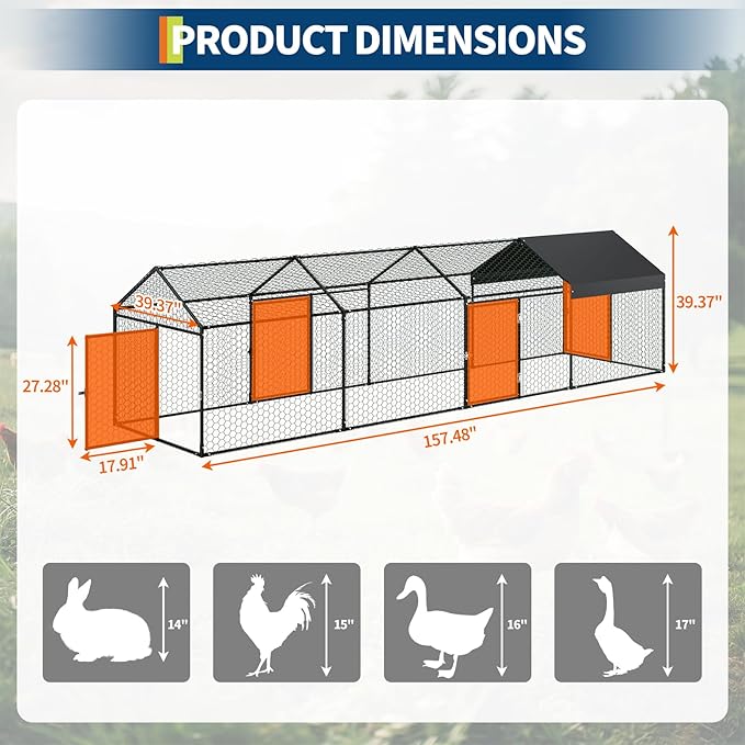 Large Metal Chicken Coop with Run,Walk in Chicken Runs for Outdoor Backyard, Heavy Duty Poultry Pen with Security Lock & Anti-UV Cover, Tri-Supporting Wire Mesh