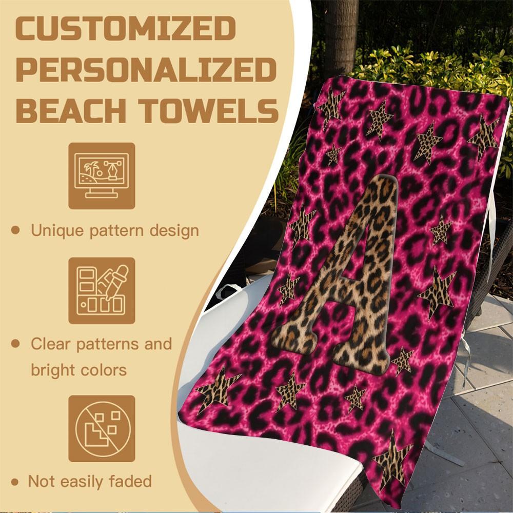 Pink Leopard Print Beach Towel Features A-Z Letter Prints. Made Of Microfiber, It'S Soft, Quick-Drying, and Suitable for Use On the Beach,In the Pool,While Traveling,Camping or At the Gym. It'S A Perfect Choice for Girls' Summer Outings or As A Gift.