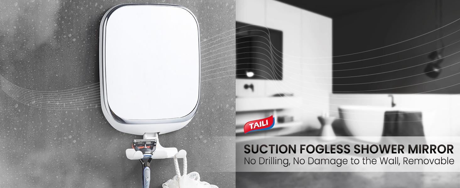 TAILI Anti-Fog Rectangle Shower Mirror for Shaving, No-Drilling Wall-Mounted Bathroom Accessory with Razor Holder, Powerful Suction, Removable, Shatterproof, Waterproof (White), Rectangle Shape