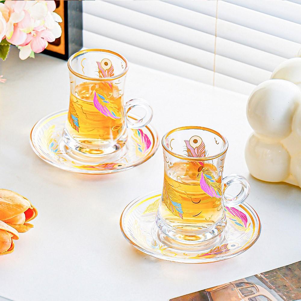 Vintage Turkish Tea Glasses Cups and Saucers Set of 6 Handle Drinkware Drink Bar Fancy Teapots Serving Glassware Drinking Kitchen Women Moroccan Persian Teacups Party Art Deco