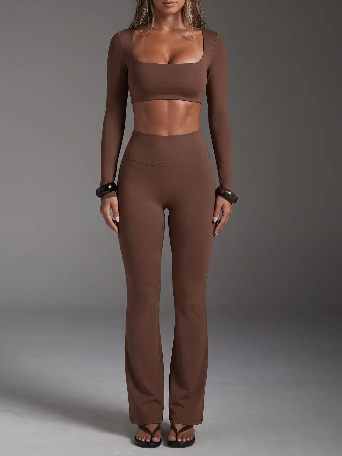 Women's Athleisure 2-Piece Set, Square Neck Long Sleeve Crop Top & High Waist Flared Leggings, Suitable for Yoga, Workout, Gym and Daily Wear, Matching Workout Set