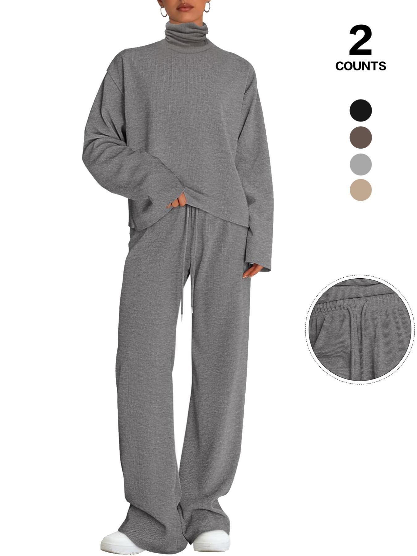 Women's 2 Piece Set Outfits Lounge Sets Ruched Short Sleeve Tops High Waisted Wide Leg Pants Tracksuit Sets, Elegant and casual high-round-neck long-sleeved basic two-piece set Casual Loungewear Set