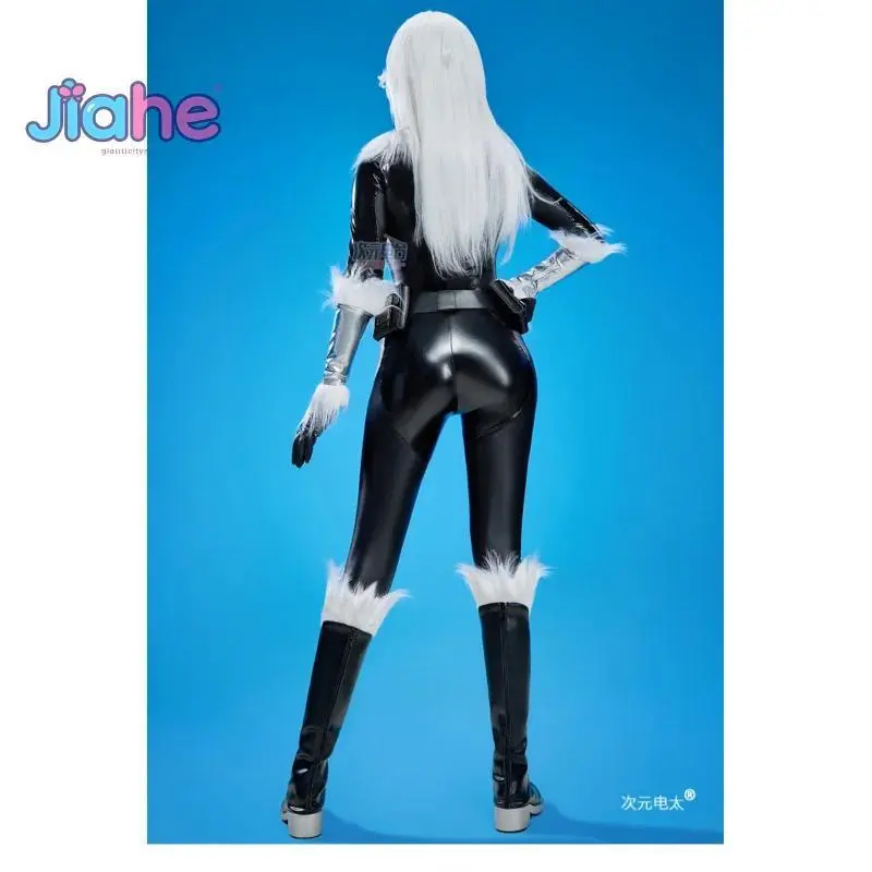 Black Cat Cosplay Fortnit Felicia Hardy Costume Women Adult Halloween Black Leather Tight jumpsuit Props Mask Fantasy Uniform