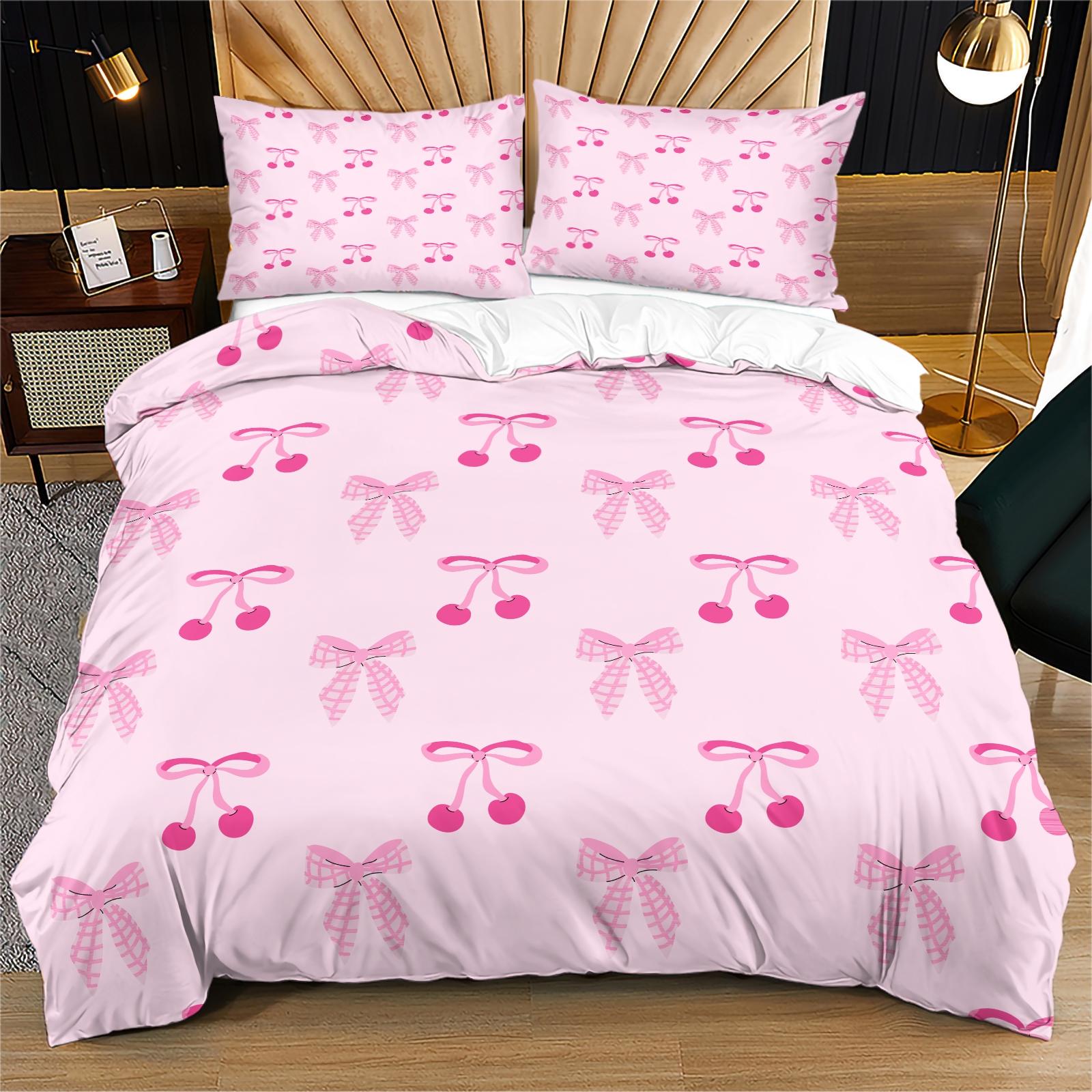 Cherry Bow Pattern Soft Durable Bedding Set, Includes 1 Fitted Sheet & Pillowcases, Perfect Gift for Teens Adults, Modern Bedroom Decor